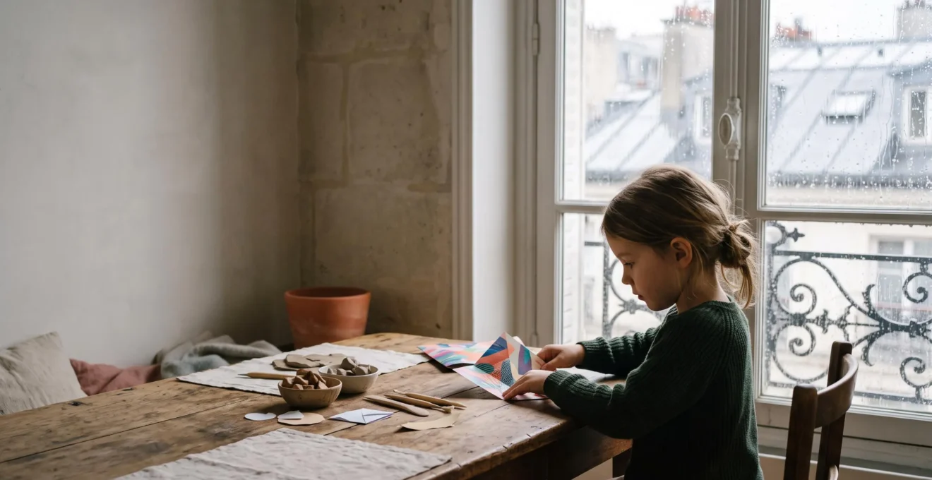 Enfant concentré fabriquant une création manuelle sur une table en bois près d'une fenêtre où ruisselle la pluie