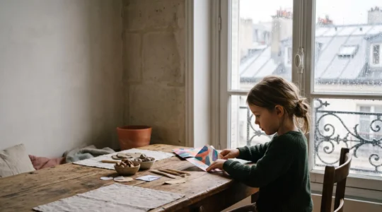 Enfant concentré fabriquant une création manuelle sur une table en bois près d'une fenêtre où ruisselle la pluie