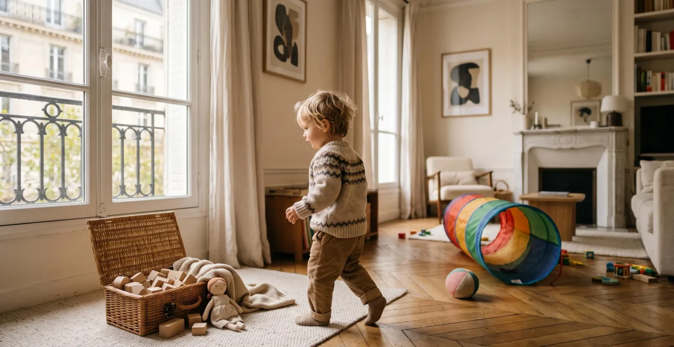 Enfant jouant dans un coin lumineux avec un mélange de jouets calmes et dynamiques illustrant l'équilibre du développement