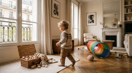 Enfant jouant dans un coin lumineux avec un mélange de jouets calmes et dynamiques illustrant l'équilibre du développement