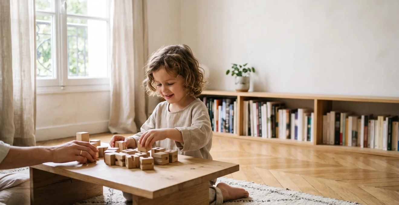 Enfant de 5 ans jouant avec des lettres et des chiffres en bois dans un salon lumineux, sans pression scolaire