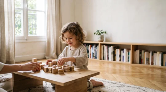 Enfant de 5 ans jouant avec des lettres et des chiffres en bois dans un salon lumineux, sans pression scolaire