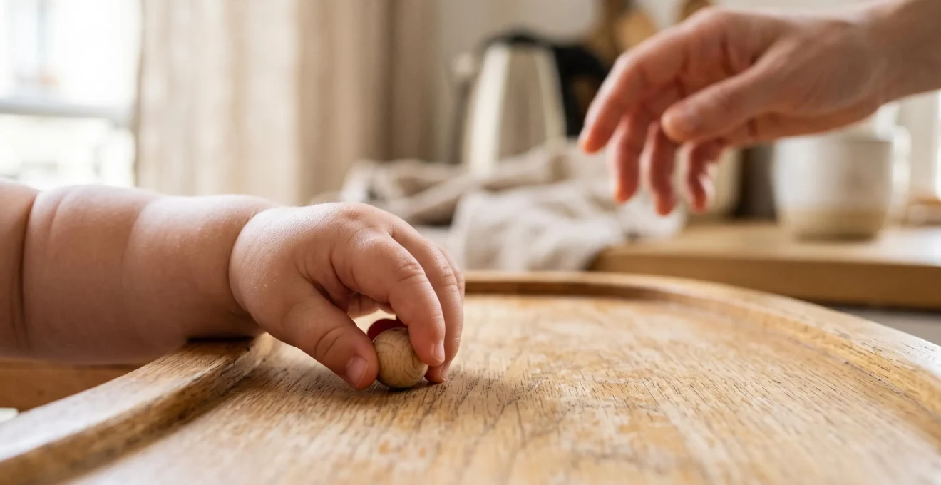 Gros plan sur la main d'un bébé de 10 mois saisissant un petit objet en bois avec le pouce et l'index, dans un intérieur lumineux à la française