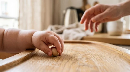 Gros plan sur la main d'un bébé de 10 mois saisissant un petit objet en bois avec le pouce et l'index, dans un intérieur lumineux à la française