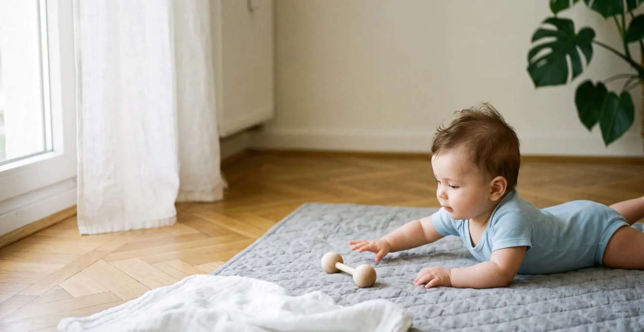 Bébé de six mois allongé sur un tapis d'éveil, main tendue vers un hochet en bois dans un intérieur lumineux à la française