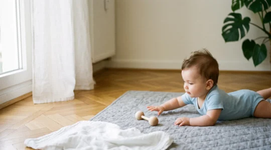 Bébé de six mois allongé sur un tapis d'éveil, main tendue vers un hochet en bois dans un intérieur lumineux à la française