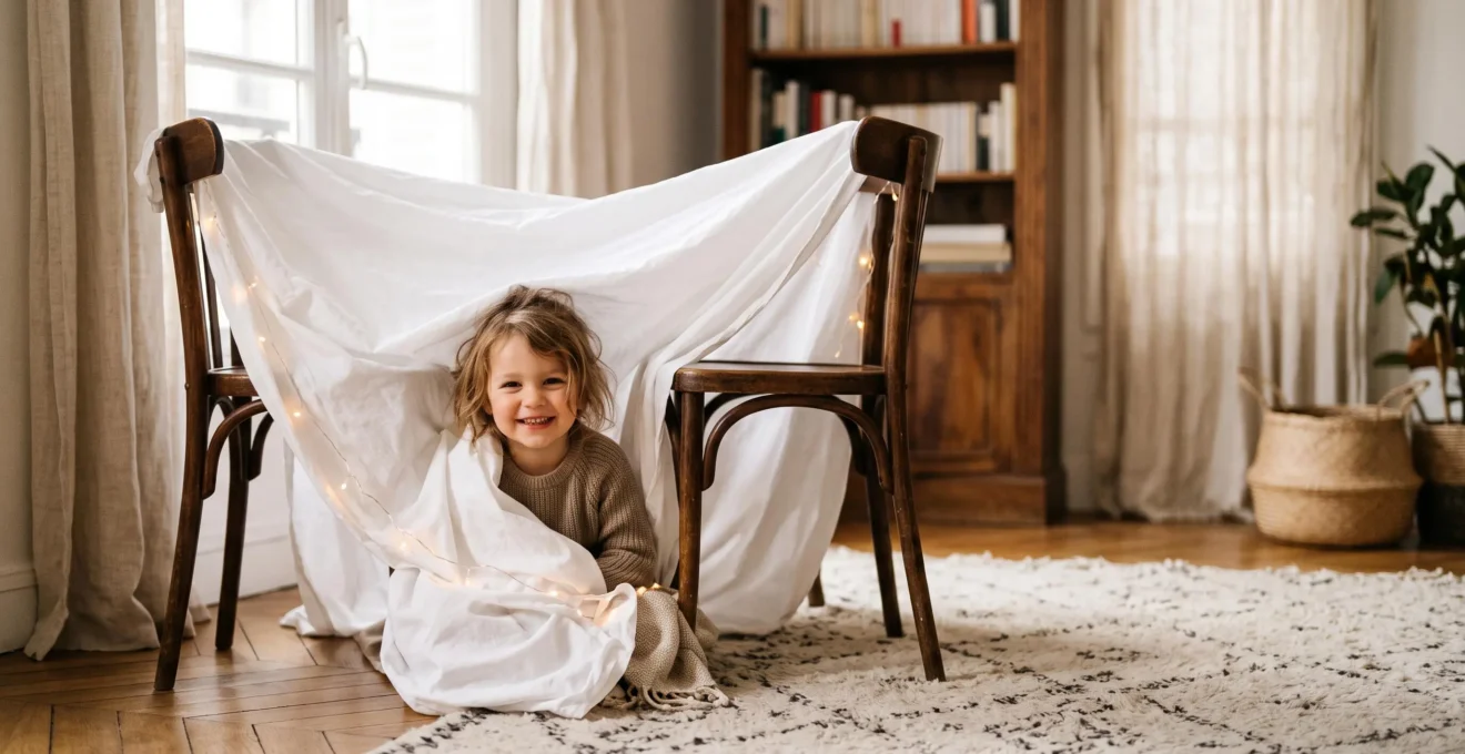 Enfant blotti dans une cabane improvisee avec un drap blanc dans un salon lumineux a la francaise