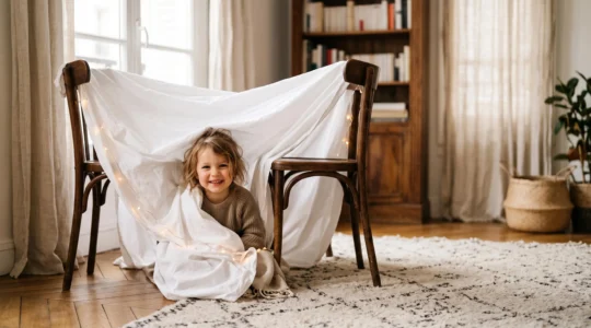Enfant blotti dans une cabane improvisee avec un drap blanc dans un salon lumineux a la francaise