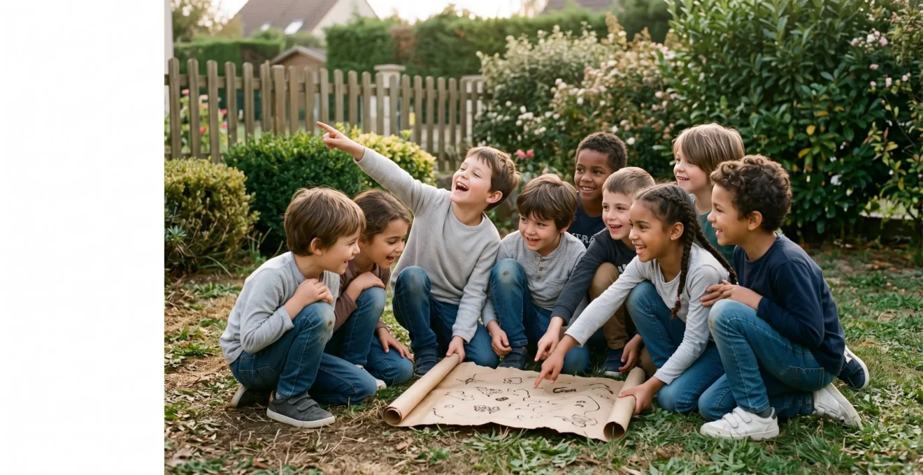 Groupe d'enfants souriants penchés ensemble sur une carte au trésor dessinée à la main dans un jardin français