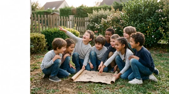 Groupe d'enfants souriants penchés ensemble sur une carte au trésor dessinée à la main dans un jardin français