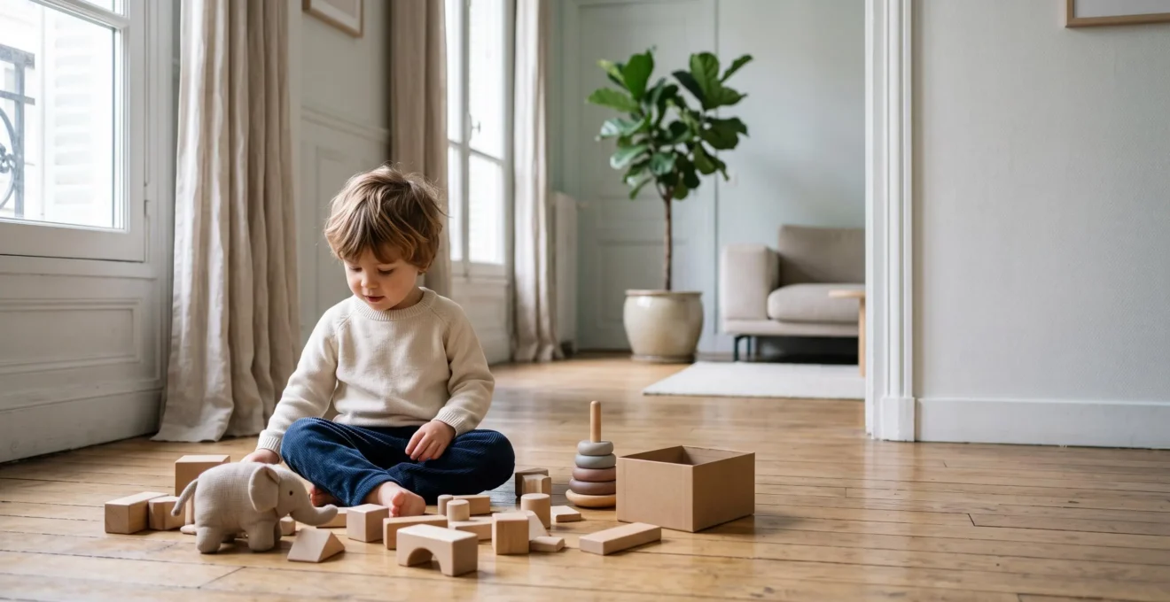 Un enfant jouant avec différents types de jouets dans un salon lumineux, illustrant la diversité des familles de jouets