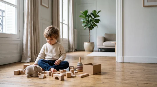 Un enfant jouant avec différents types de jouets dans un salon lumineux, illustrant la diversité des familles de jouets