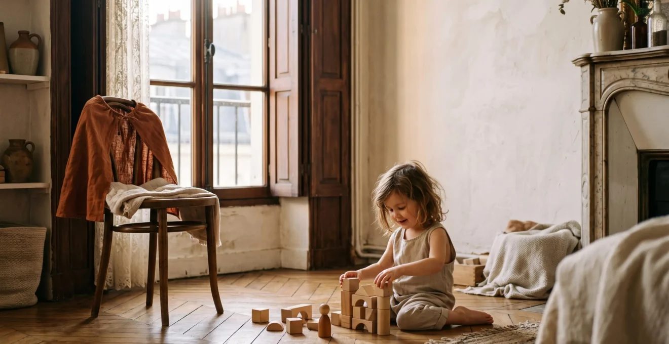 Enfant de 4 ans jouant avec des jouets ouverts dans un coin imagination lumineux inspiré d'une maternelle française