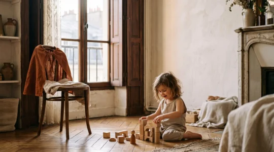 Enfant de 4 ans jouant avec des jouets ouverts dans un coin imagination lumineux inspiré d'une maternelle française