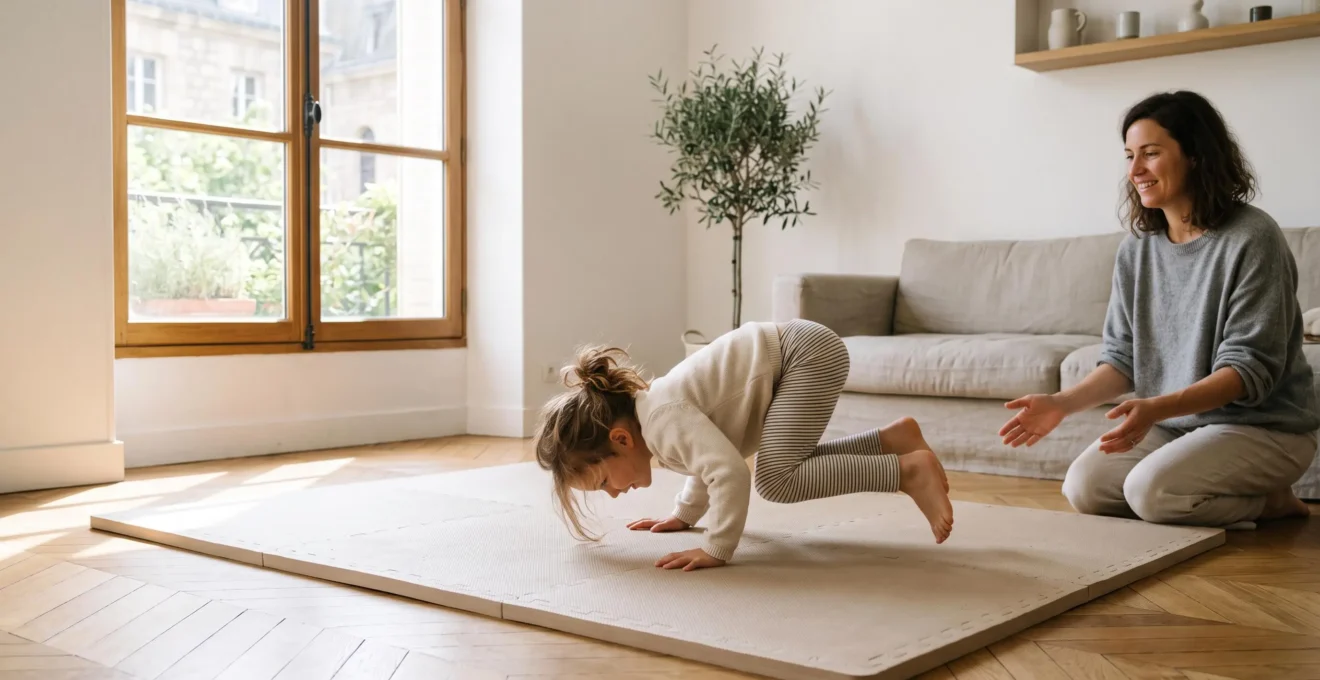 Un enfant de 6 ans réalisant une figure d'acrobatie en toute sécurité sur un tapis dans un salon lumineux