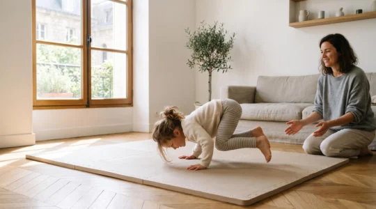 Un enfant de 6 ans réalisant une figure d'acrobatie en toute sécurité sur un tapis dans un salon lumineux