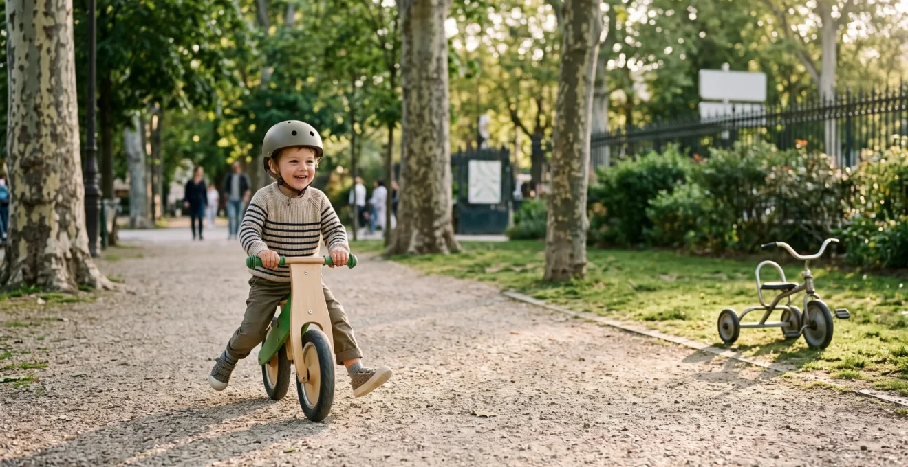 Un enfant en France roule en toute confiance sur sa draisienne dans un parc, prêt à passer au vélo à pédales