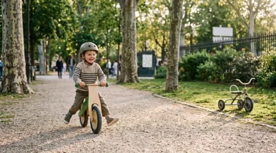 Un enfant en France roule en toute confiance sur sa draisienne dans un parc, prêt à passer au vélo à pédales