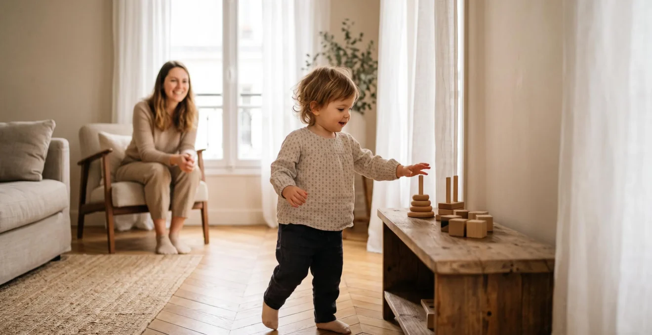 Jeune enfant de 20 mois jouant avec un jouet en bois dans un salon lumineux, illustrant les étapes de développement