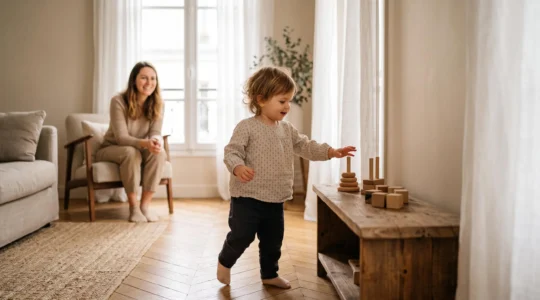 Jeune enfant de 20 mois jouant avec un jouet en bois dans un salon lumineux, illustrant les étapes de développement