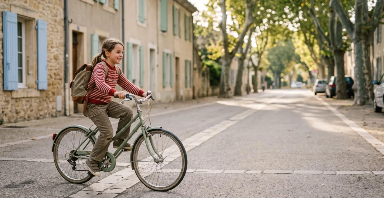 Un enfant roule à vélo dans une rue résidentielle française ensoleillée, symbolisant les 60 minutes d'activité physique quotidienne recommandées