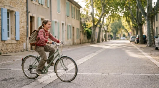 Un enfant roule à vélo dans une rue résidentielle française ensoleillée, symbolisant les 60 minutes d'activité physique quotidienne recommandées