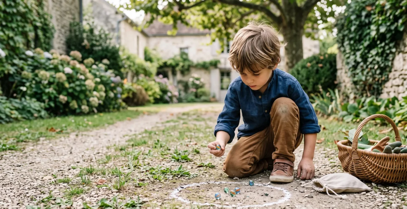 Un enfant de 6 ans accroupi dans un jardin français, concentré, s'apprêtant à viser une bille avant la rentrée au CP