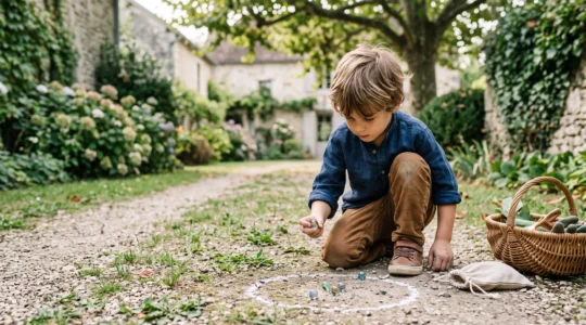 Un enfant de 6 ans accroupi dans un jardin français, concentré, s'apprêtant à viser une bille avant la rentrée au CP