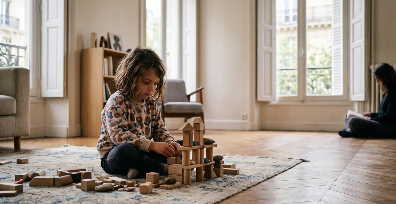 Enfant de 6 ans concentre et joue seul avec des jouets en bois dans un salon francais lumineux