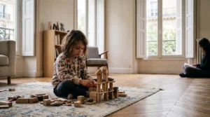 Enfant de 6 ans concentre et joue seul avec des jouets en bois dans un salon francais lumineux