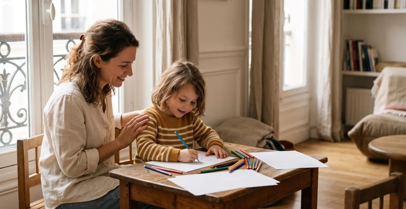Un enfant de six ans dessine avec application à une table en bois, sous le regard bienveillant d'un parent, dans une lumière naturelle chaleureuse.