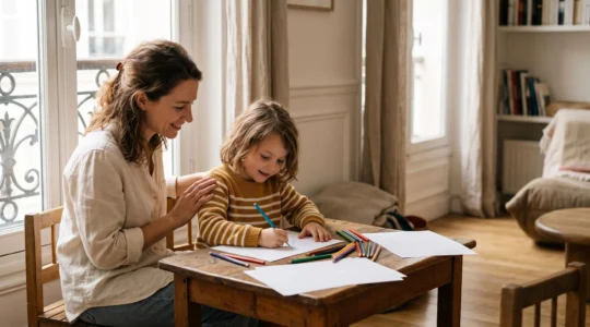 Un enfant de six ans dessine avec application à une table en bois, sous le regard bienveillant d'un parent, dans une lumière naturelle chaleureuse.