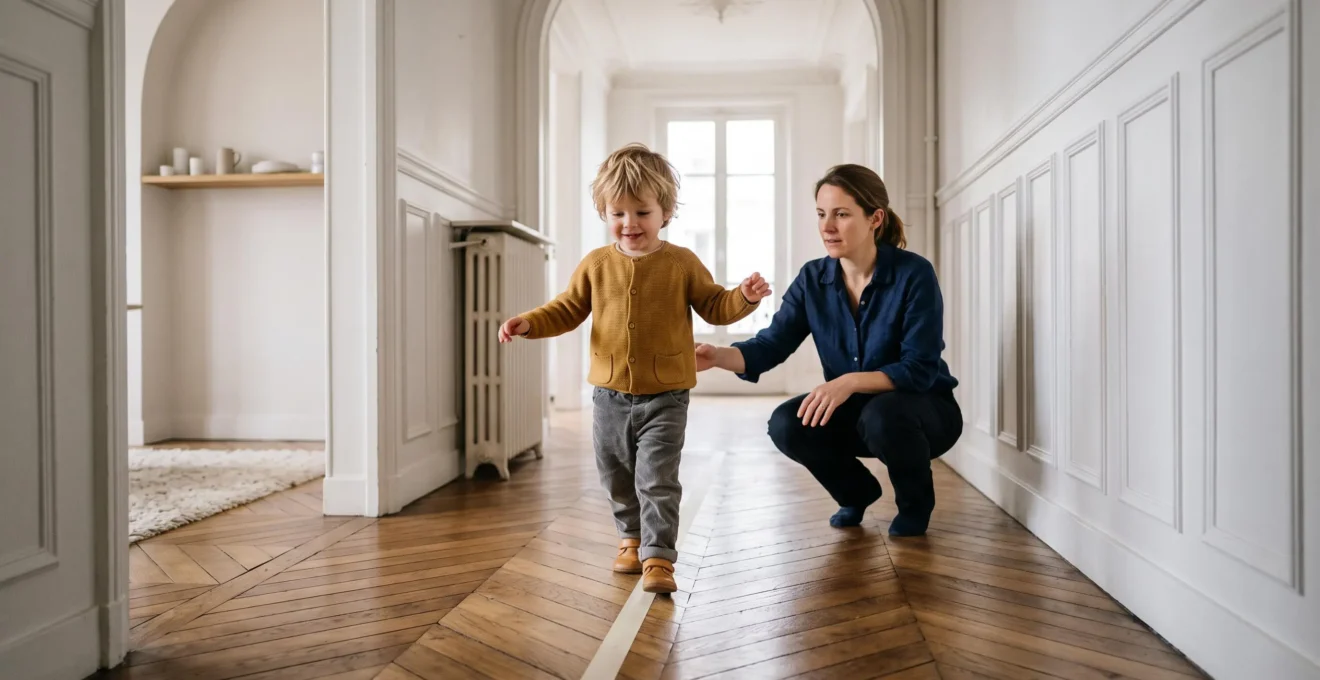 Jeune enfant de 3 ans traversant avec assurance une ligne de scotch au sol dans un couloir d'appartement parisien, sous le regard bienveillant d'un parent en retrait