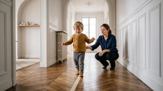 Jeune enfant de 3 ans traversant avec assurance une ligne de scotch au sol dans un couloir d'appartement parisien, sous le regard bienveillant d'un parent en retrait