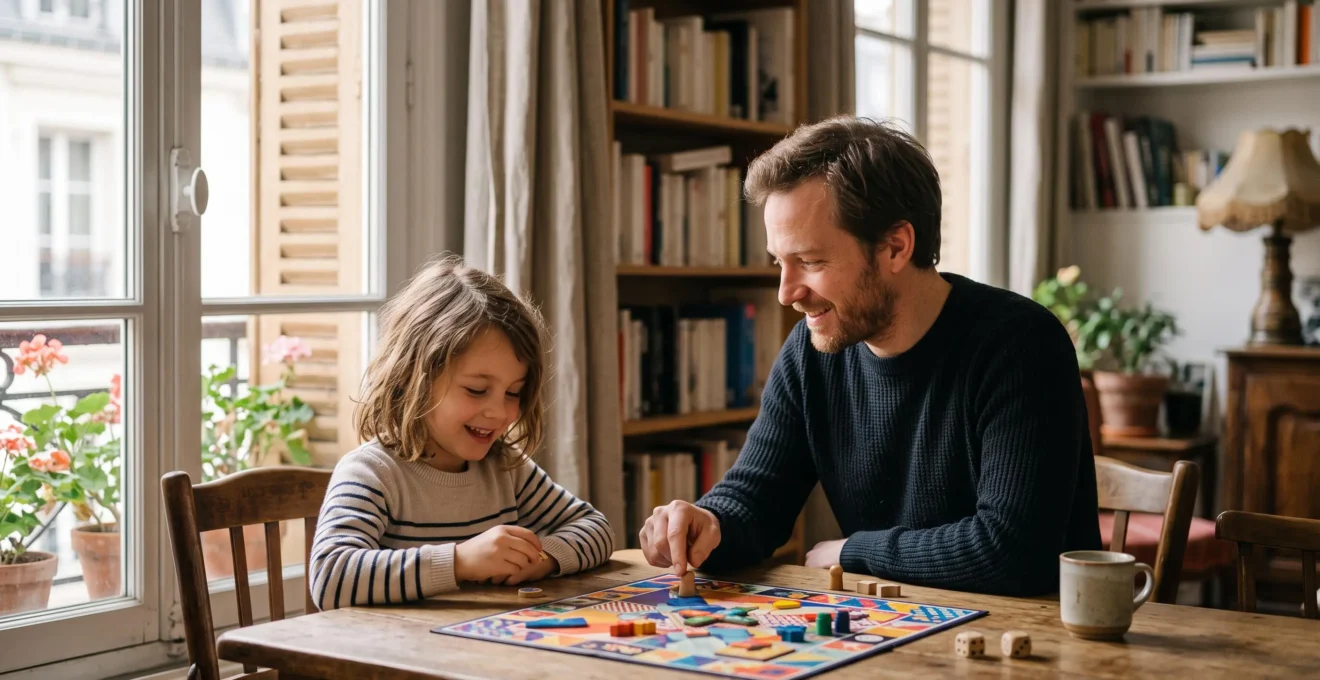 Un enfant de 7 ans concentré, jouant à un jeu de mémoire avec un parent dans un salon lumineux à la française