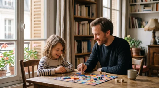 Un enfant de 7 ans concentré, jouant à un jeu de mémoire avec un parent dans un salon lumineux à la française