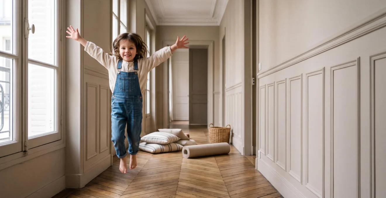Enfant sautant joyeusement dans un couloir d'appartement parisien transformé en parcours de jeu actif