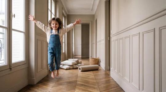 Enfant sautant joyeusement dans un couloir d'appartement parisien transformé en parcours de jeu actif