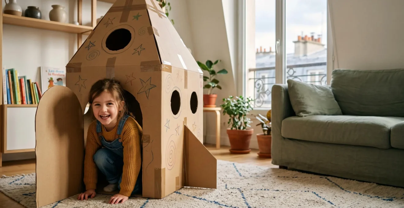 Enfant joyeux jouant dans une fusée fabriquée avec un carton d'emballage dans un salon lumineux