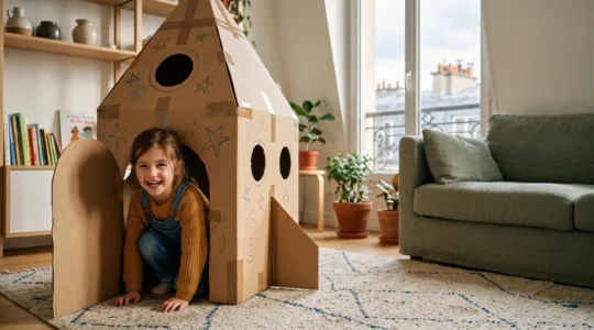 Enfant joyeux jouant dans une fusée fabriquée avec un carton d'emballage dans un salon lumineux