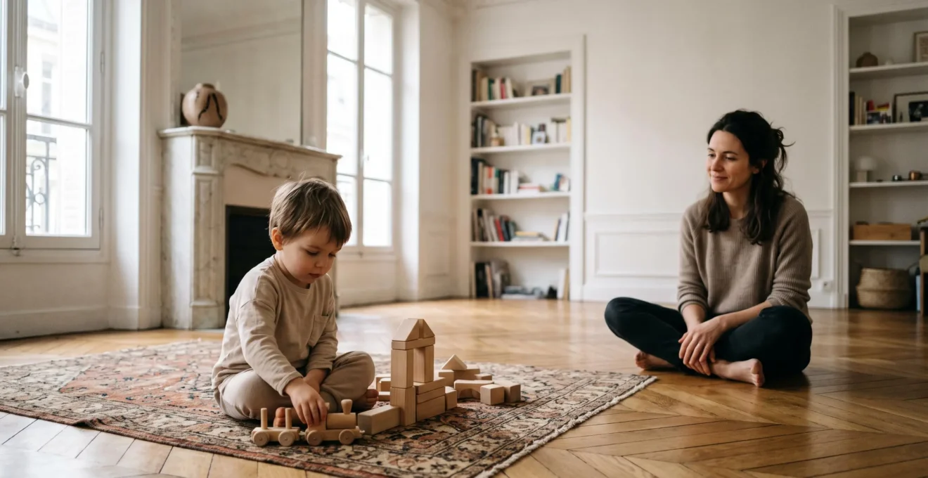 Parent observant avec bienveillance son jeune enfant jouer librement au sol dans un salon lumineux à la française
