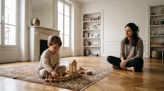 Parent observant avec bienveillance son jeune enfant jouer librement au sol dans un salon lumineux à la française