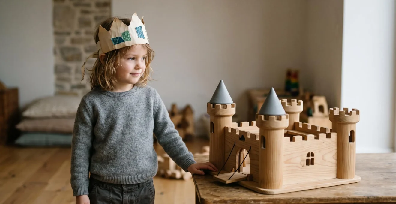 Un enfant de cinq ans coiffe d'une couronne de jeu artisanale joue devant une maquette de chateau fort en bois