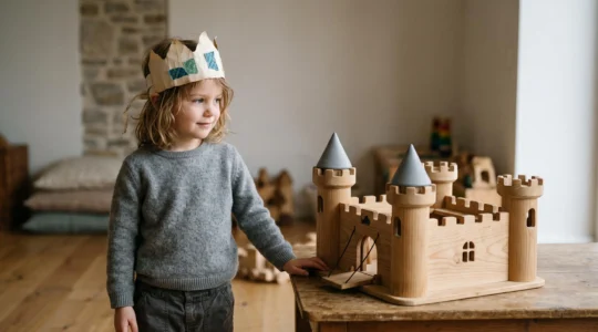 Un enfant de cinq ans coiffe d'une couronne de jeu artisanale joue devant une maquette de chateau fort en bois