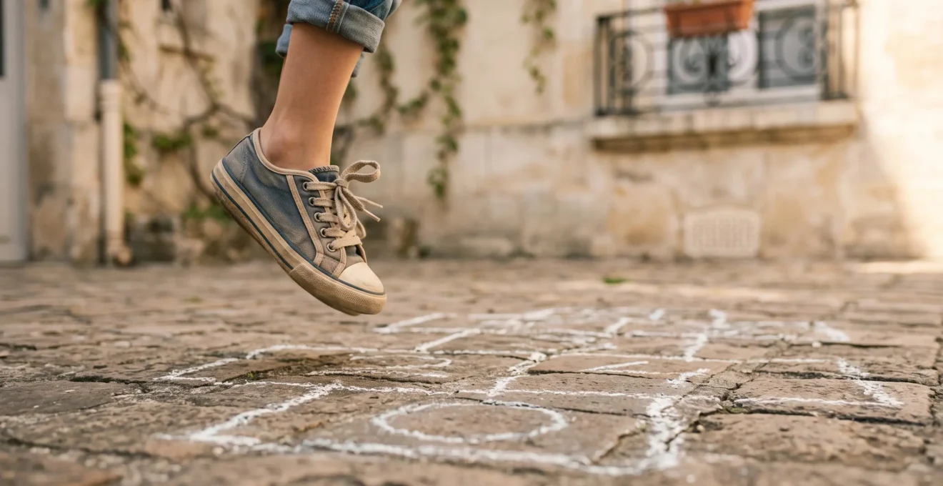 Enfant sautant à cloche-pied sur une marelle tracée à la craie dans une cour pavée à la française