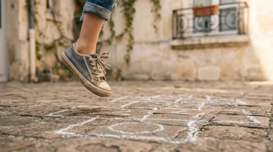 Enfant sautant à cloche-pied sur une marelle tracée à la craie dans une cour pavée à la française