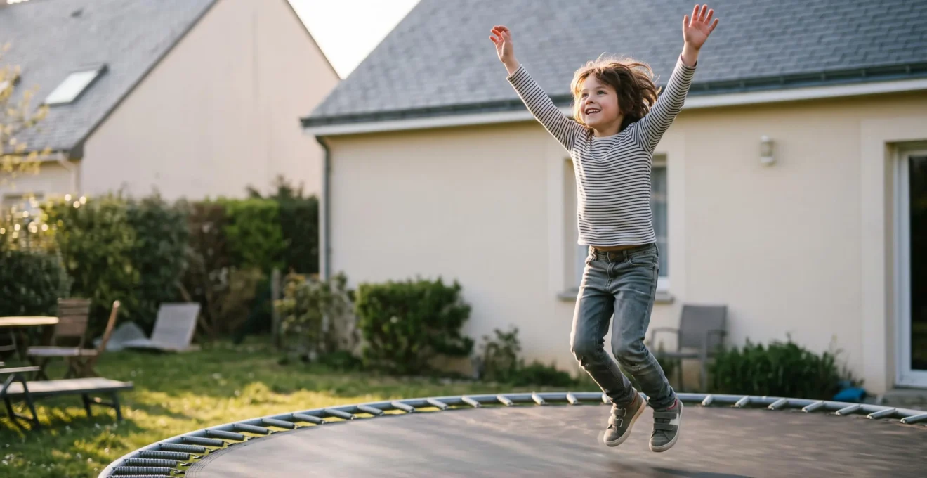Enfant sautant joyeusement sur un trampoline dans un jardin français, symbolisant le retour au calme après une dépense physique intense