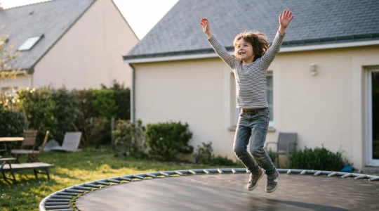 Enfant sautant joyeusement sur un trampoline dans un jardin français, symbolisant le retour au calme après une dépense physique intense