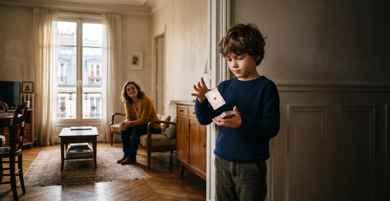 Un enfant timide au sourire naissant réalisant un tour de magie devant sa famille dans un salon français