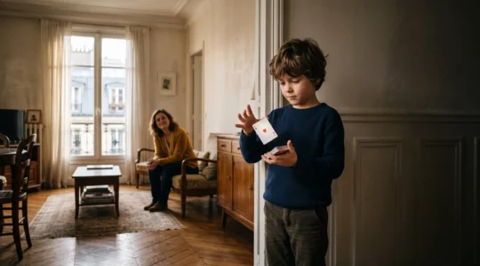 Un enfant timide au sourire naissant réalisant un tour de magie devant sa famille dans un salon français